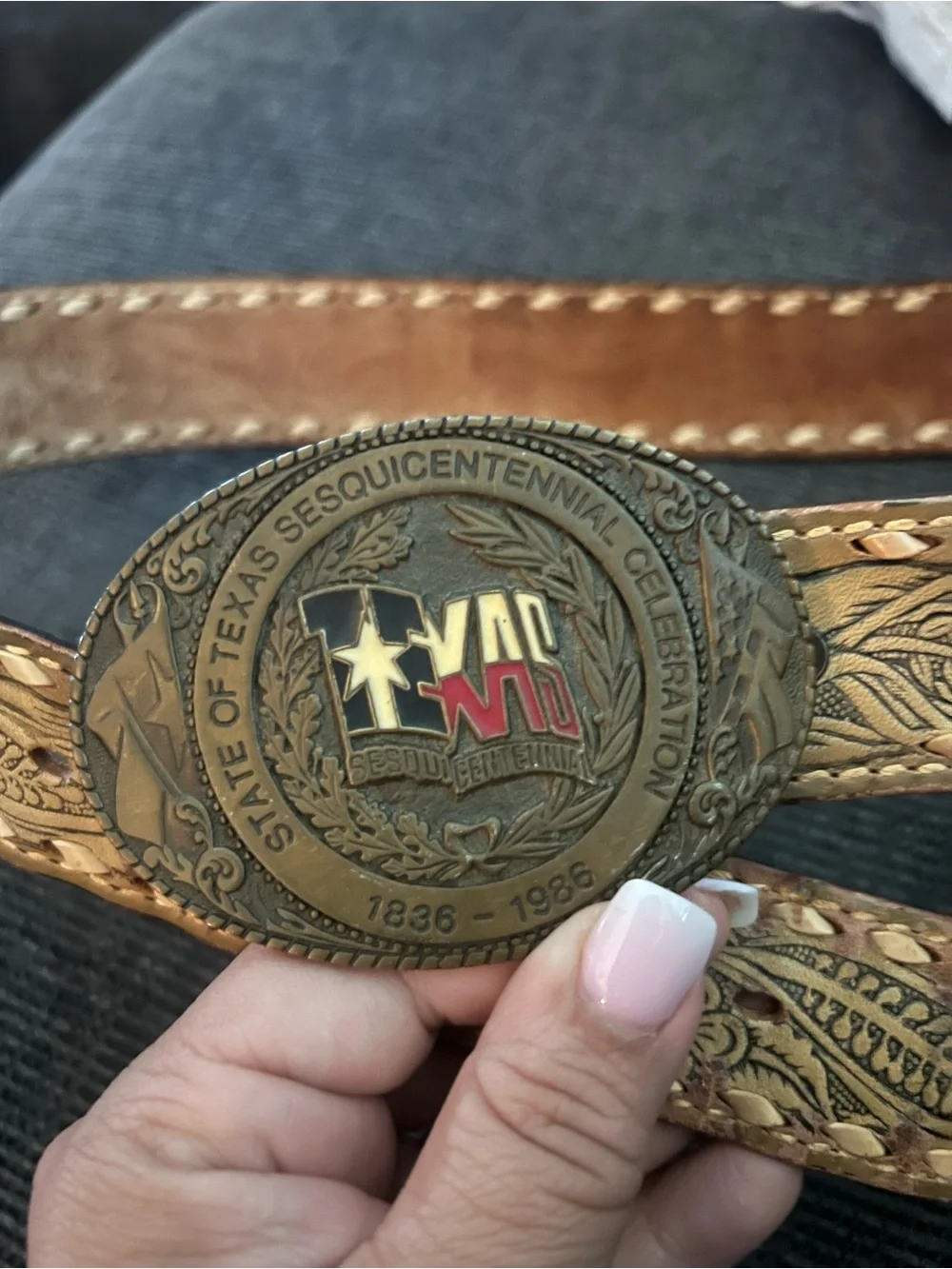 Brown Tooled Leather Men’s Belt with Commemorative Brass Buckle